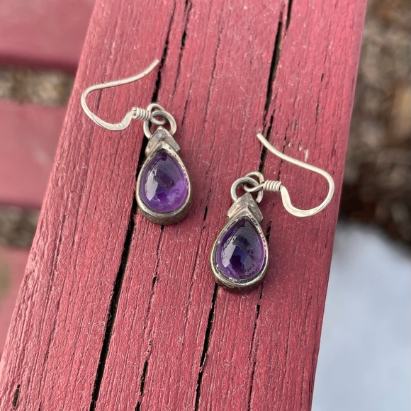 Jewelry - Amethyst and Silver Metal Teardrop Earrings